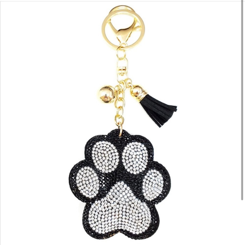 Blinged Out Puffy Rhinestone Paw Tassel Key Chain Purse Charm